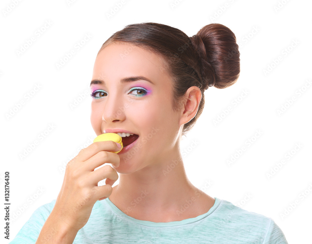 Cute girl with macaroon on white background Cute girl with macaroon on white background