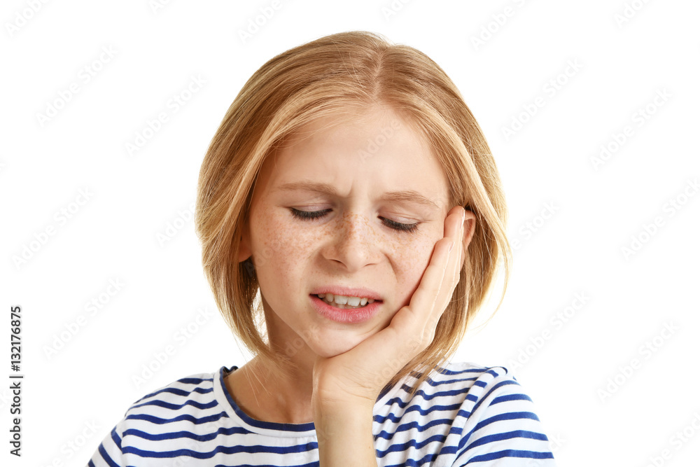 Upset girl with toothache isolated on white Upset girl with toothache isolated on white