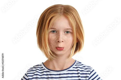 Portrait of sad little girl isolated on white