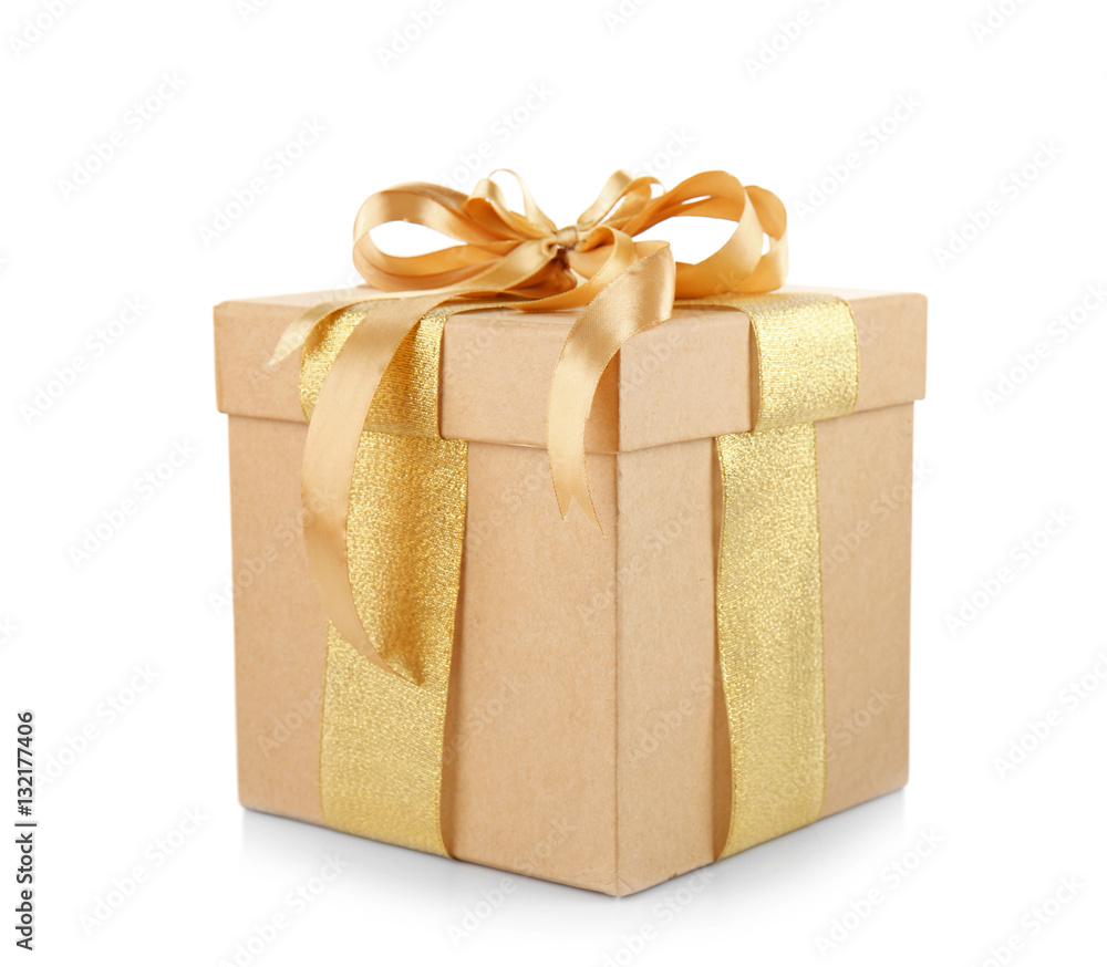 Gift box with golden ribbon bow isolated on white background Gift box with golden ribbon bow isolated on white background