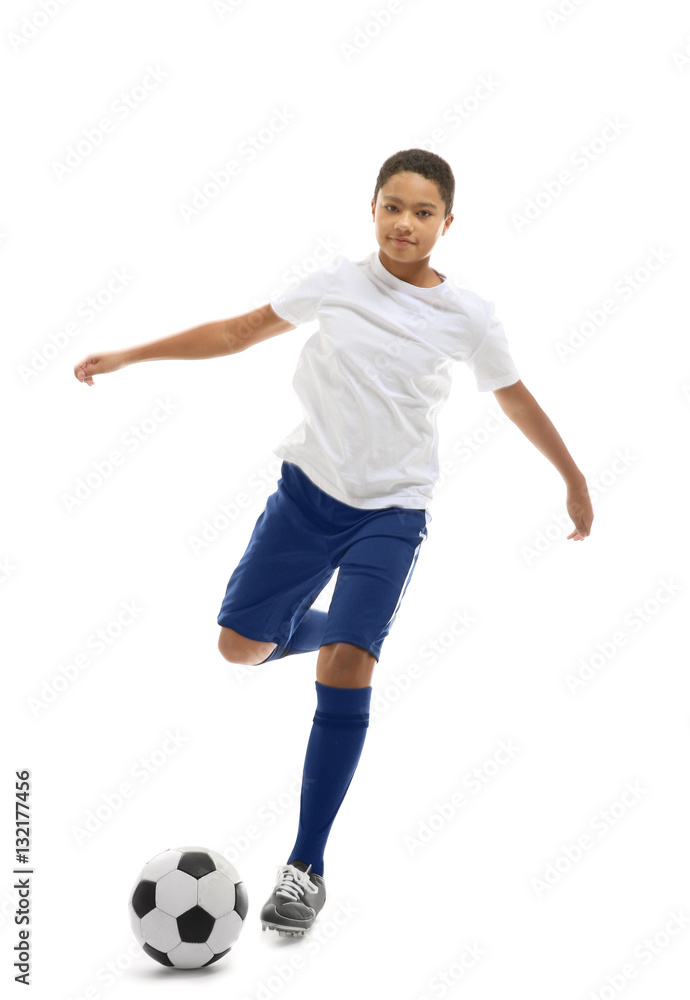 African American boy playing football on white background