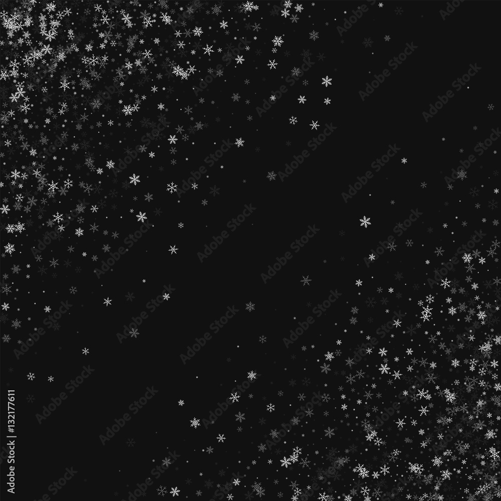 Beautiful snowfall. Abstract chaotic scatter on black background. Vector illustration.
