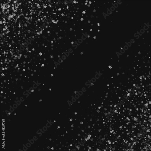 Beautiful snowfall. Abstract chaotic scatter on black background. Vector illustration.