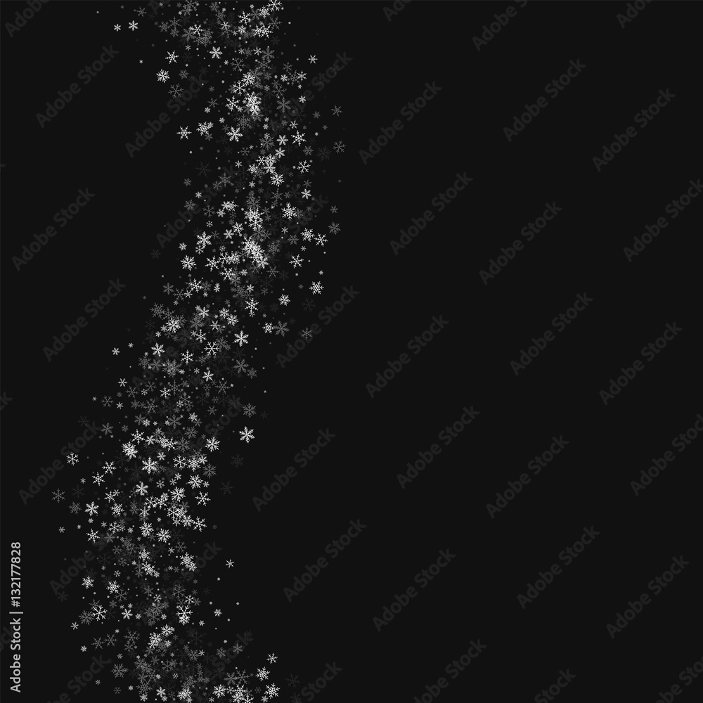 Obraz premium Beautiful snowfall. Left wave on black background. Vector illustration.