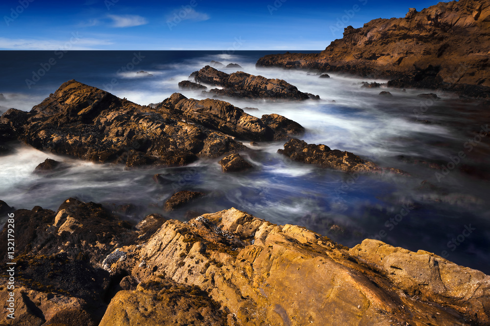 California Coast with ocean waves and rock formations.
