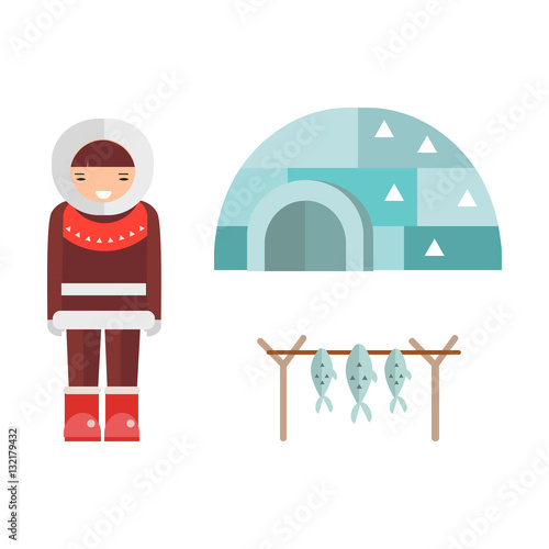 Eskimo house and people vector illustration.