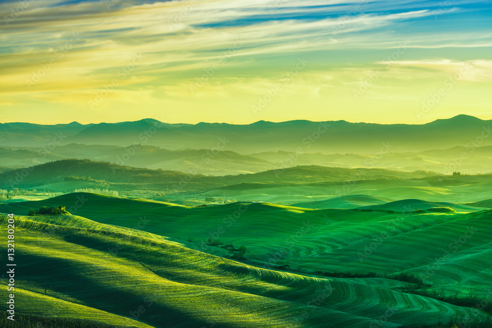 Volterra panorama, rolling hills and green fields. Tuscany Italy