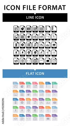 File format icon set. File format in flat style. File format in line style. Document types signs. Isolated set of documents file formats