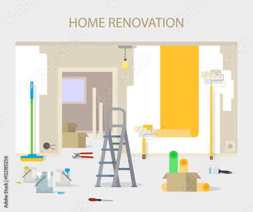 Room repair in home. Interior renovation in apartment and house. Flat style vector illustration.