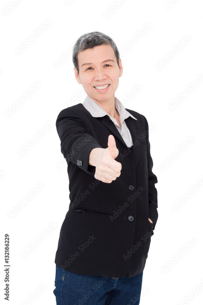 Senior businesswoman showing thumb up over white background Senior businesswoman showing thumb up over white background