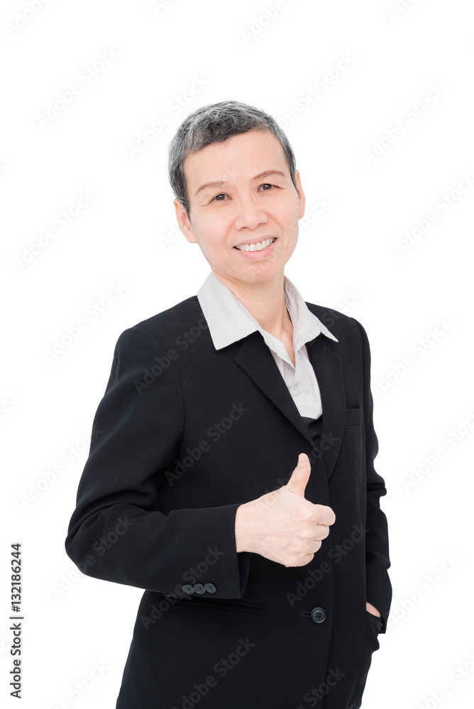 Senior businesswoman showing thumb up over white background Senior businesswoman showing thumb up over white background