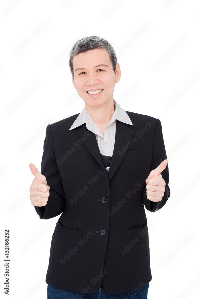Senior businesswoman showing thumb up over white background