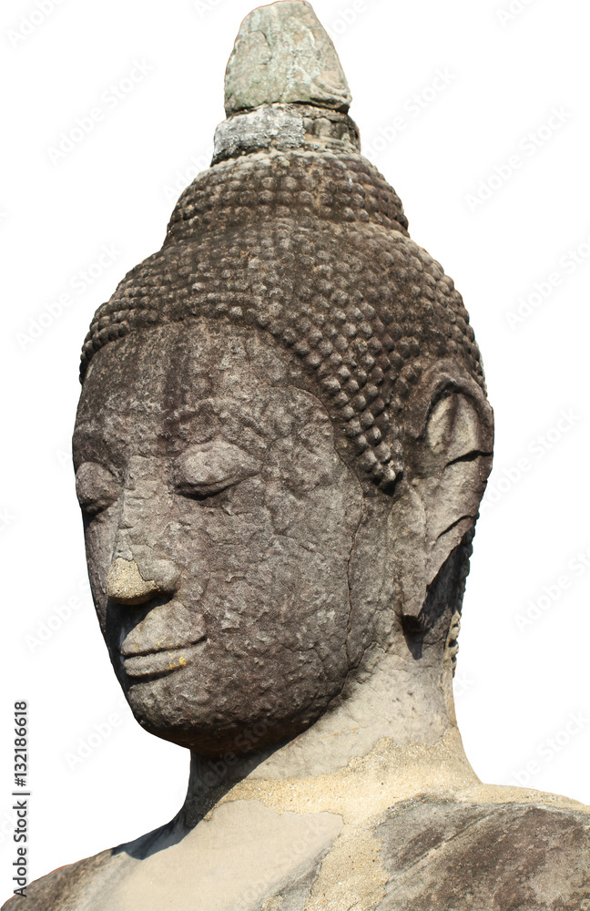 head, face, lobe, ear, hair, nose of ancient stone grey buddha statue  isolated in white background, art sculpture Stock Photo | Adobe Stock