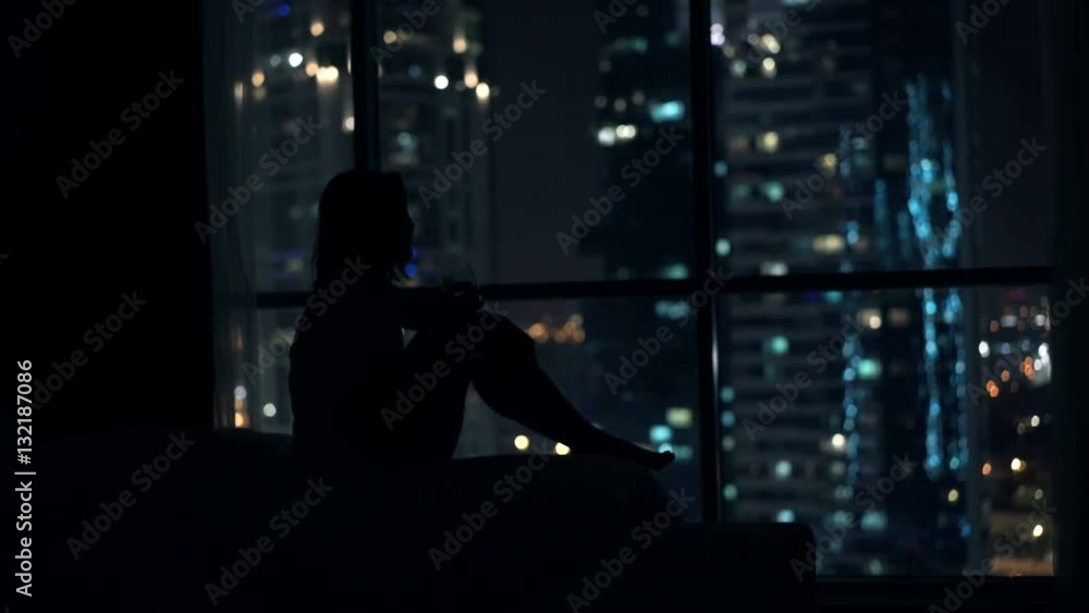 Silhouette of woman drinking wine and admire view from window at night
Silhouette of woman drinking wine and admire view from window at night