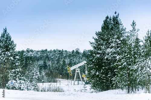 Pump jack and wellhead in the oilfield situated in the beautiful winter forest. Environmental pollution. Oil and gas concept. 
