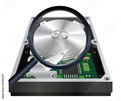 inside of internal harddisk with a magnifying glass scanning
