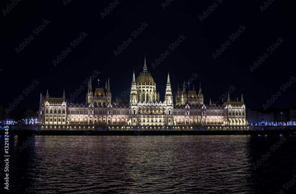 Beautiful illuminated famous Budapest parliament building along