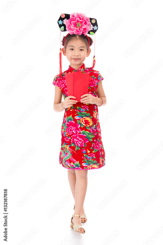 happy chinese new year. smile asian girl holding red envelope happy chinese new year. smile asian girl holding red envelope