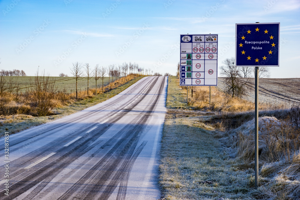 Road signs on a small German-Polish border crossing - obrazy, fototapety, plakaty 