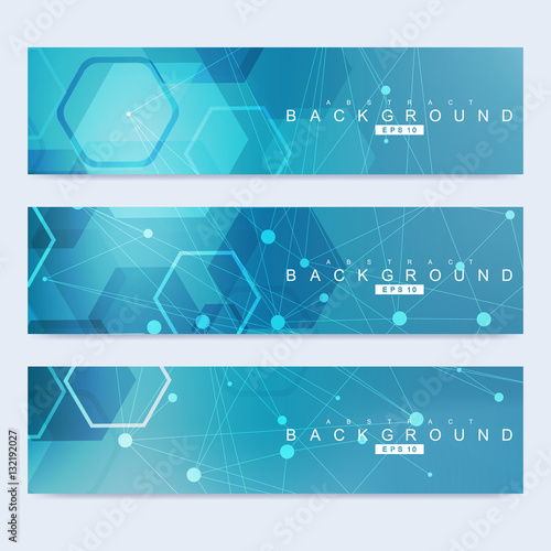 Scientific set of modern vector banners. DNA molecule structure with connected lines and dots. Science vector background. Medical, tecnology, chemistry design.