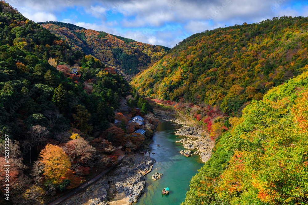 Hozu River in autumn view from Arashiyama view point, Kyoto, Jap