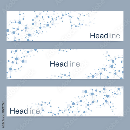 Scientific set of modern vector banners. DNA molecule structure with connected lines and dots. Science vector background. Medical, tecnology, chemistry design.