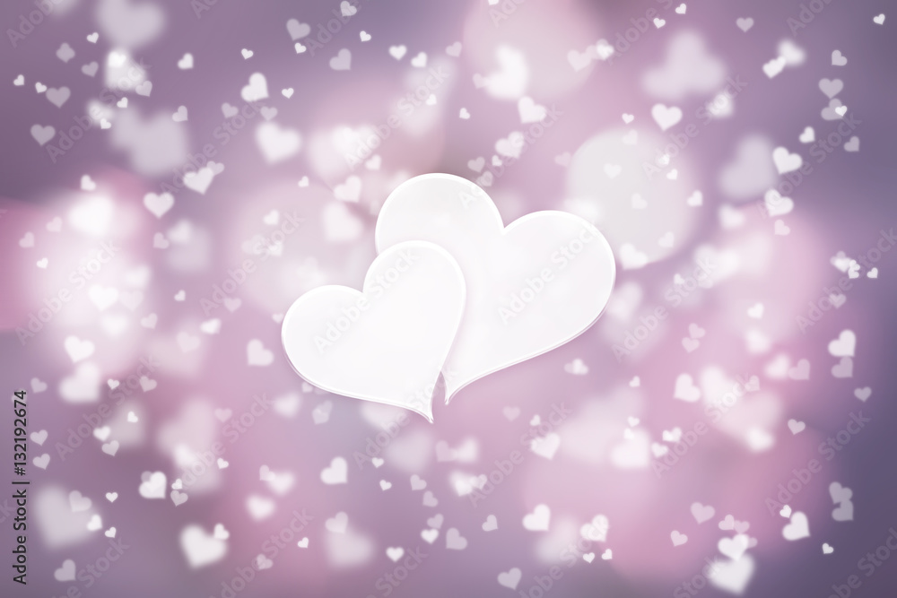 Beautiful blurry heart symbols on pink violet bokeh illustration background with two blank white heart shapes.