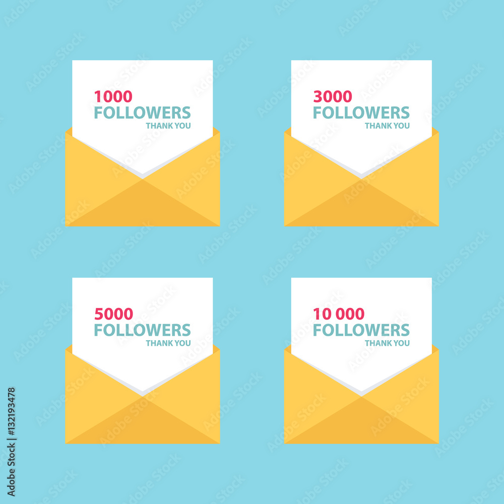 Thank you letters, emails or messages for network friends and followers. Set of card templates for social networks, promotion and advertising. Flat style vector Illustration. Thank you letters, emails or messages for network friends and followers. Set of card templates for social networks, promotion and advertising. Flat style vector Illustration.