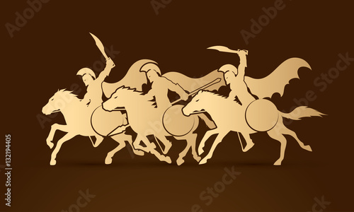 3 Spartan warrior riding horses graphic vector.