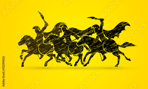 3 Spartan warrior riding horses designed using grunge brush graphic vector.