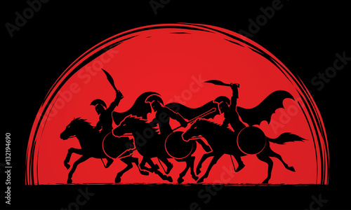 3 Spartan warrior riding horses designed on sunlight blood graphic vector.