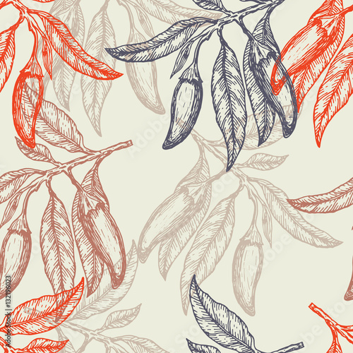 Hand drawn red hot chili peppers seamless pattern. Vector illustration