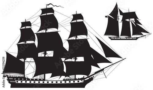 Sailing Ship silhouettes, frigate and Schooner vector illustration