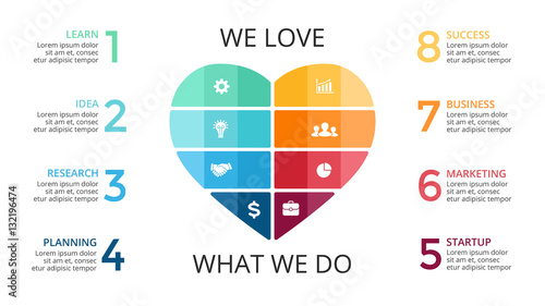 Vector abstract heart infographic, cycle diagram, love graph, presentation chart. Love work concept with 8 options, parts, steps, processes. Happy Valentines Day.