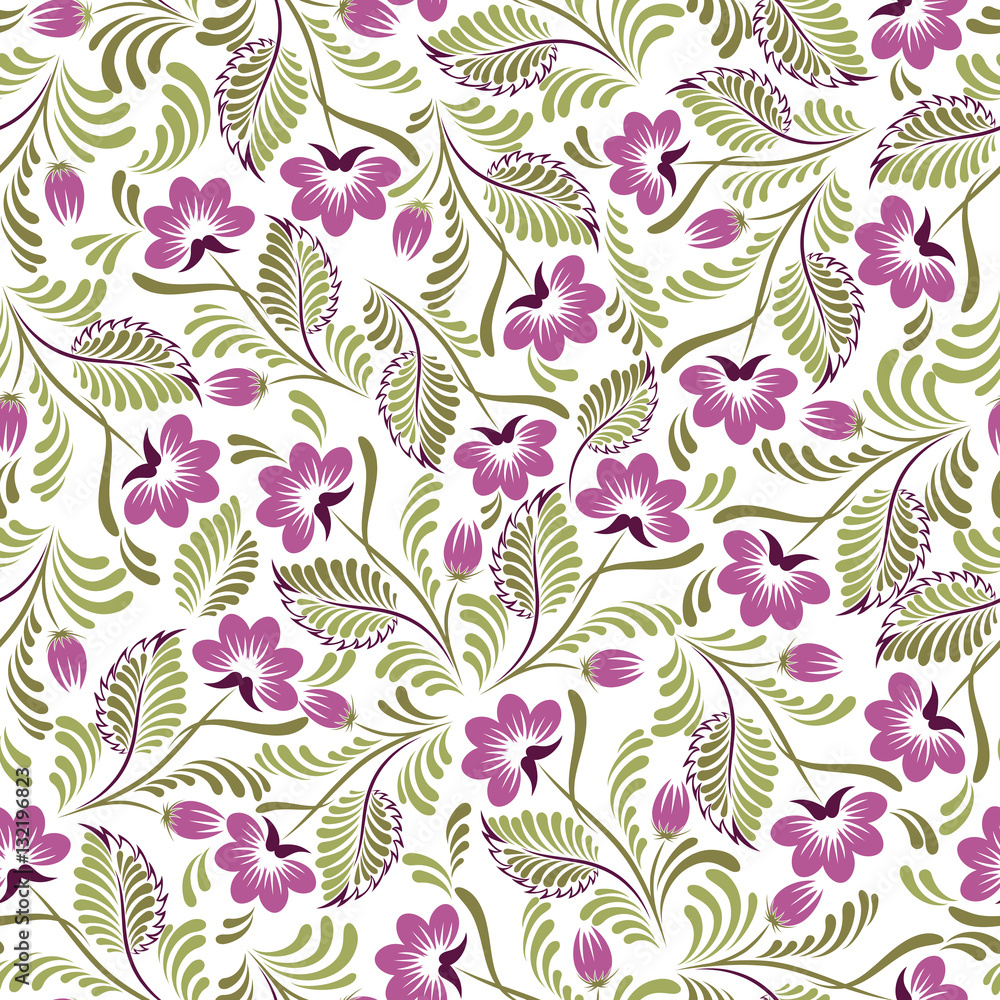 Seamless background with flowers and leaves in the folk style. Use for wallpaper, printing on the packaging paper, textiles.