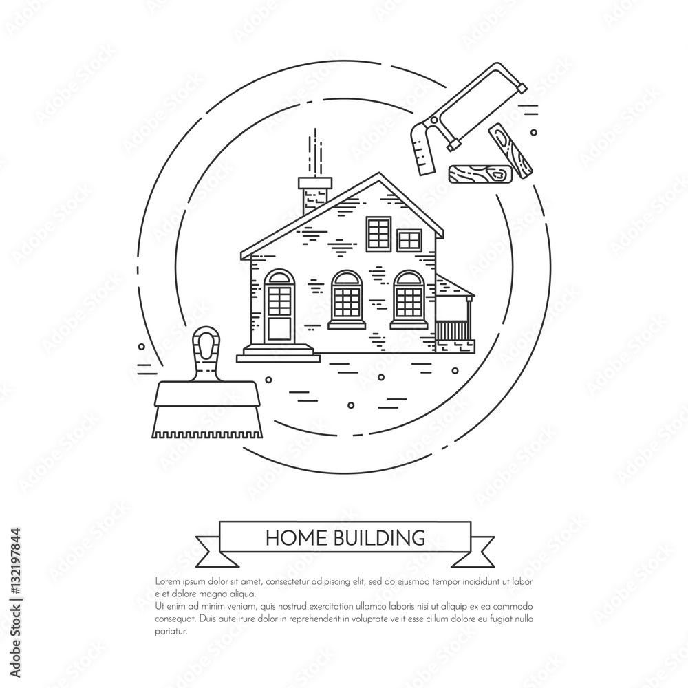 Fototapeta premium House remodel horizontal banner with building tools Line art