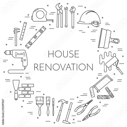 House remodel horizontal banner with building tools Line art