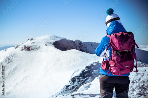 Female Looking Into Distance, Young Woman Mountain Top, Hiker Walking On Snowy European Mountains, Concept Successful Woman, Hiker On Mountain Top, Vintage Winter With Woman, Symbol Woman On Top