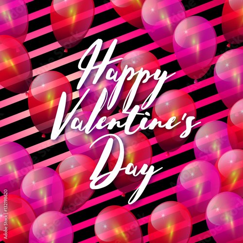 Vector holiday illustration of flying bunch of balloon. Happy Valentine's Day. Love. Romantic greeting card design element. Pink balloons background