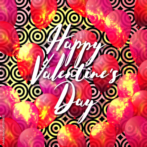 Vector holiday illustration of flying bunch of balloon. Happy Valentine's Day. Love. Romantic greeting card design element. Pink balloons background