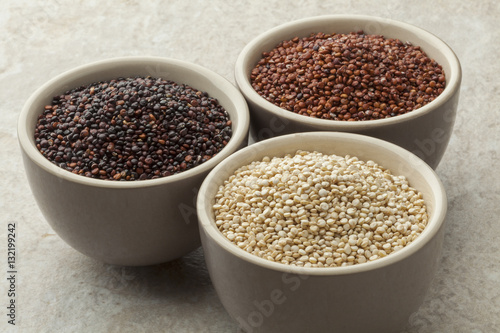 Bowls with red, white and black quinoa