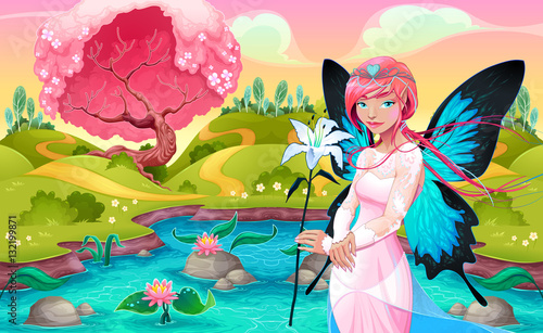 Fototapeta Naklejka Na Ścianę i Meble -  Portrait of a young fairy in a fantasy landscape