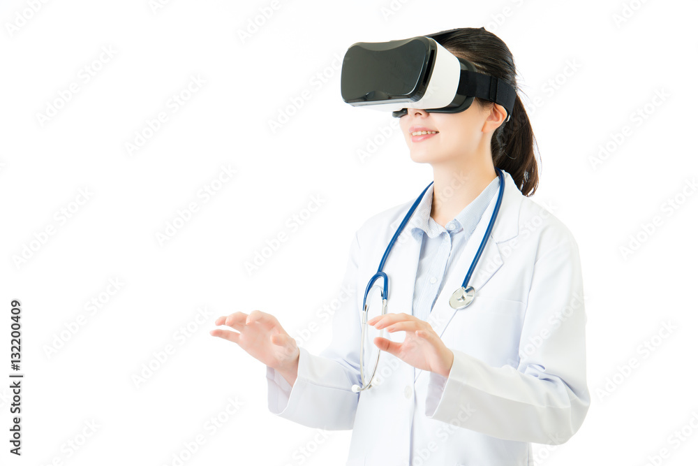 asian female doctor touch screen by VR headset glasses