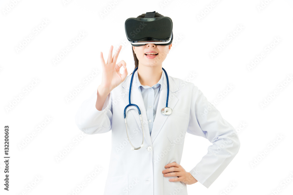 asian female doctor touch screen by VR headset glasses asian female doctor touch screen by VR headset glasses