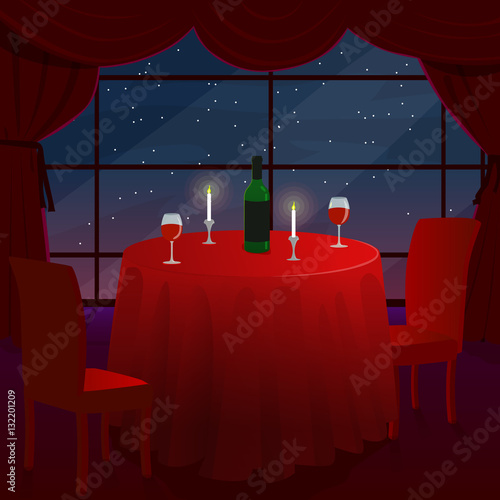 A romantic date in a cafe. A romantic dinner for two. A table with a red cloth. The stars outside the window. Vector illustration.