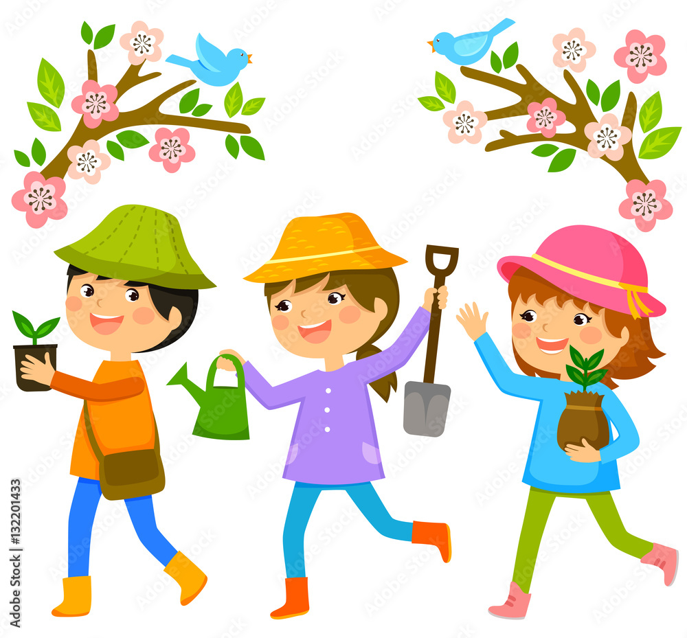 three kids going to plant trees on Tu Bishvat three kids going to plant trees on Tu Bishvat