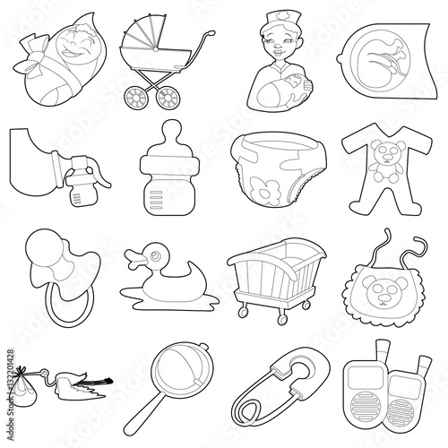 Baby born icons set. Cartoon outline illustration of 16 baby born vector icons for web
