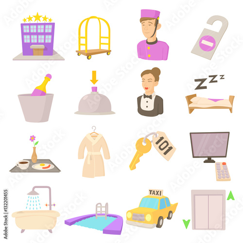 Hotel items set. Cartoon illustration of 16 hotel items vector icons for web
