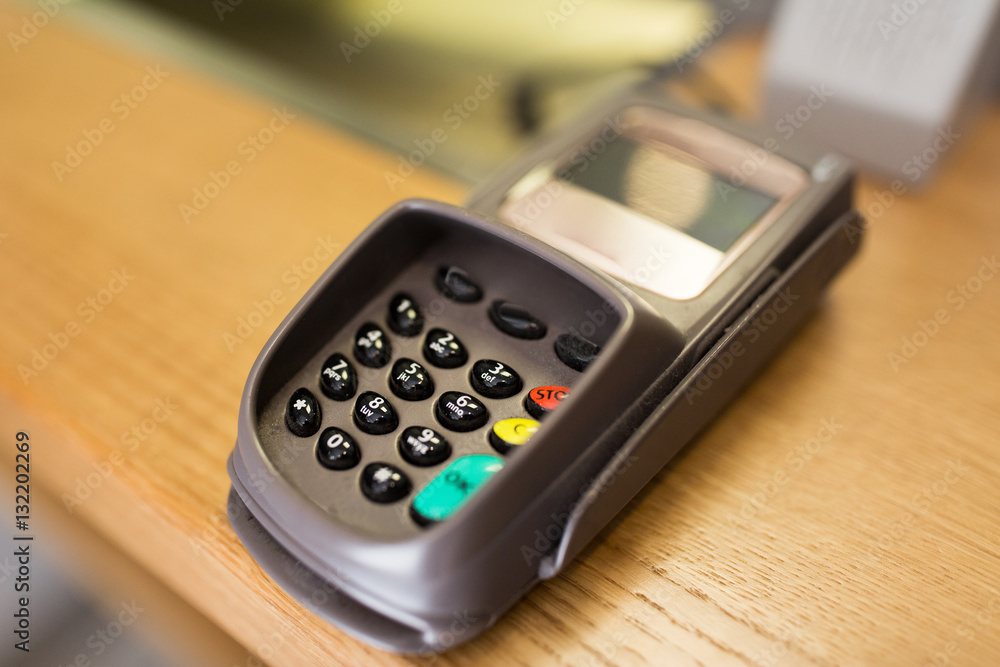 close up of bank card reader or atm terminal