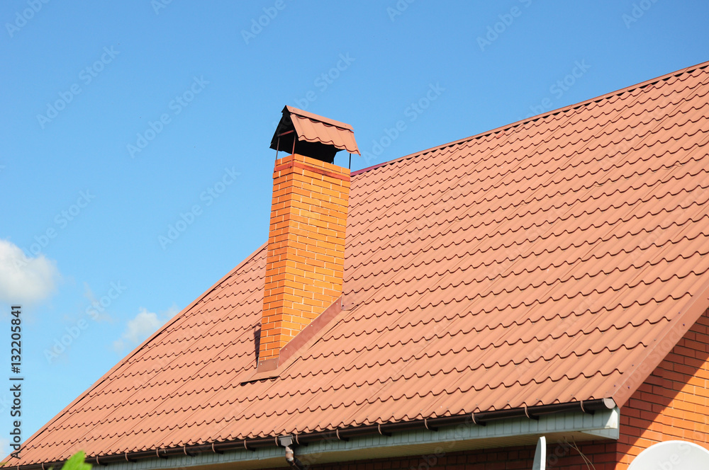 Red metal roof tiles. Metal Roof Shingles - Roofing Construction, Brick Chimney, Roofing Repair